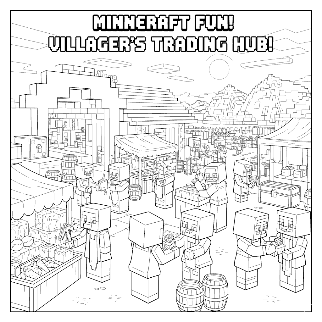minecraft villagers trading hub line art