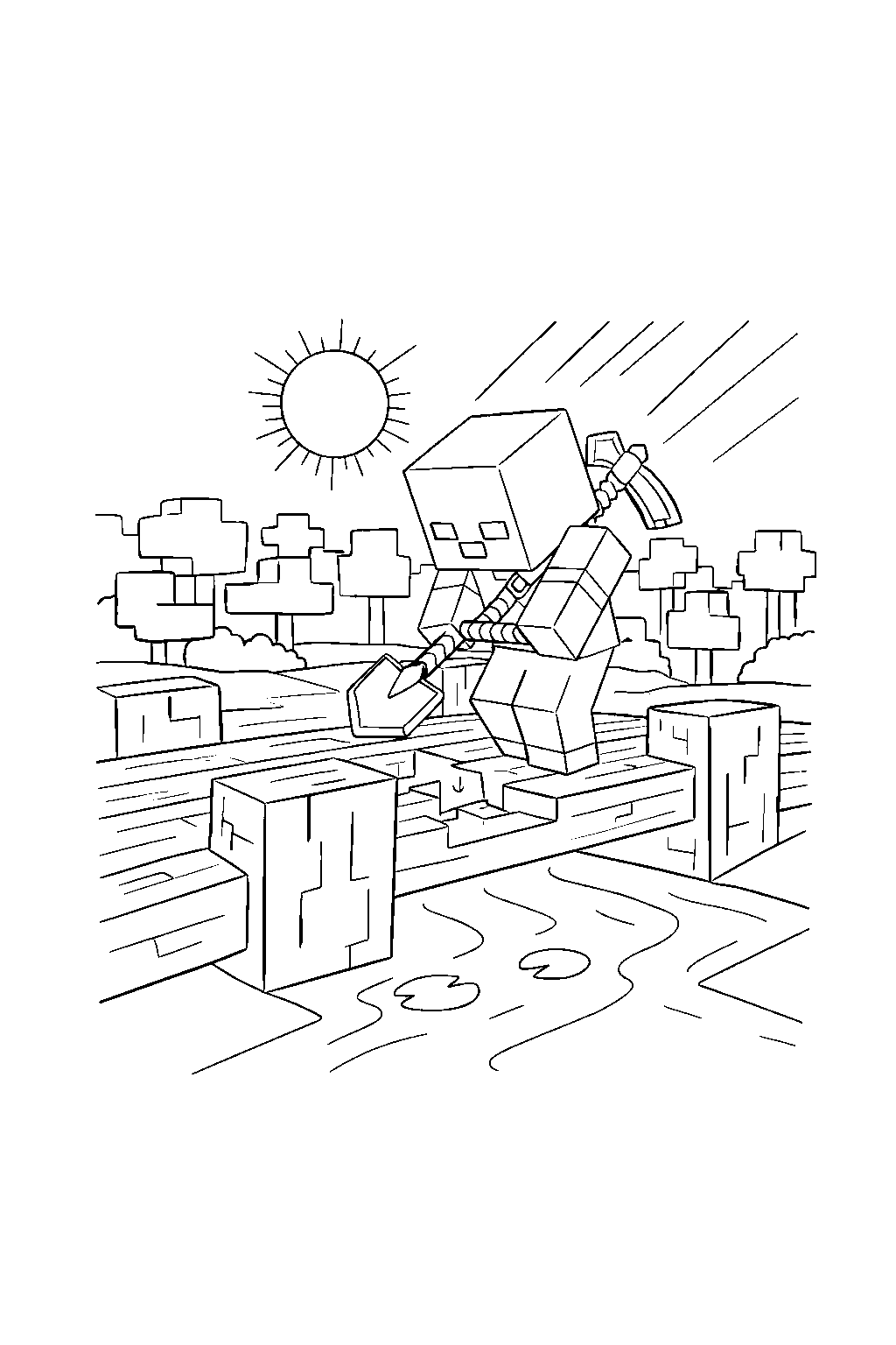 minecraft vindicator digging carefully on a bridge line art