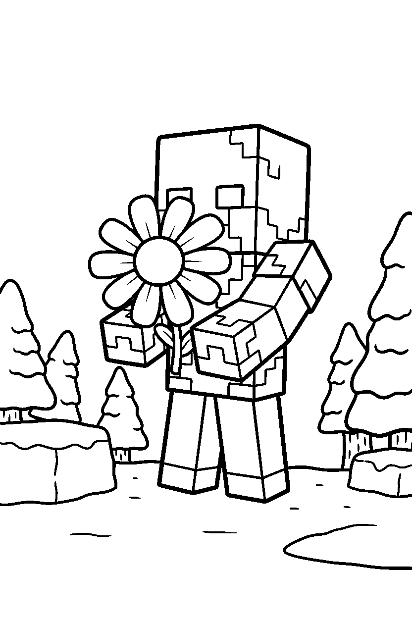 minecraft vindicator holding a flower in snowy tundra line art