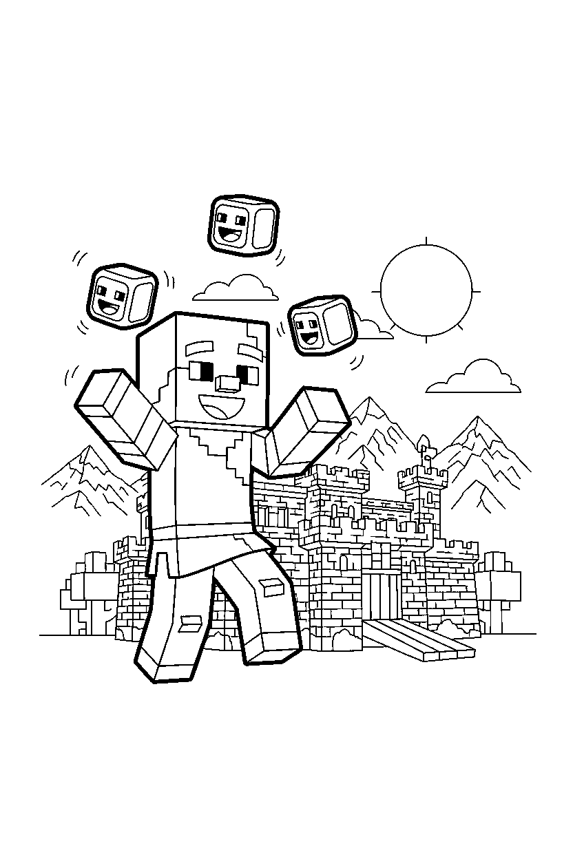 minecraft vindicator playing happily in a castle base line art