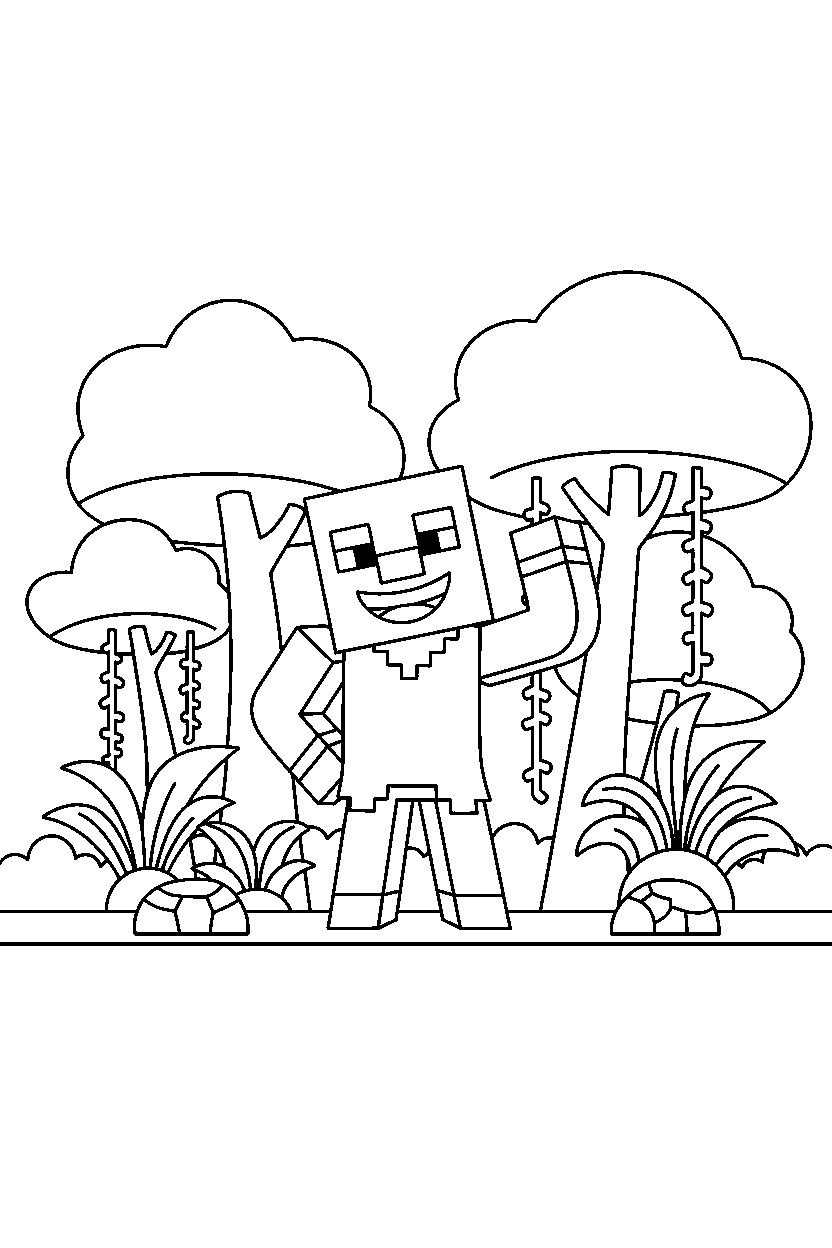 minecraft vindicator posing happily in a jungle line art