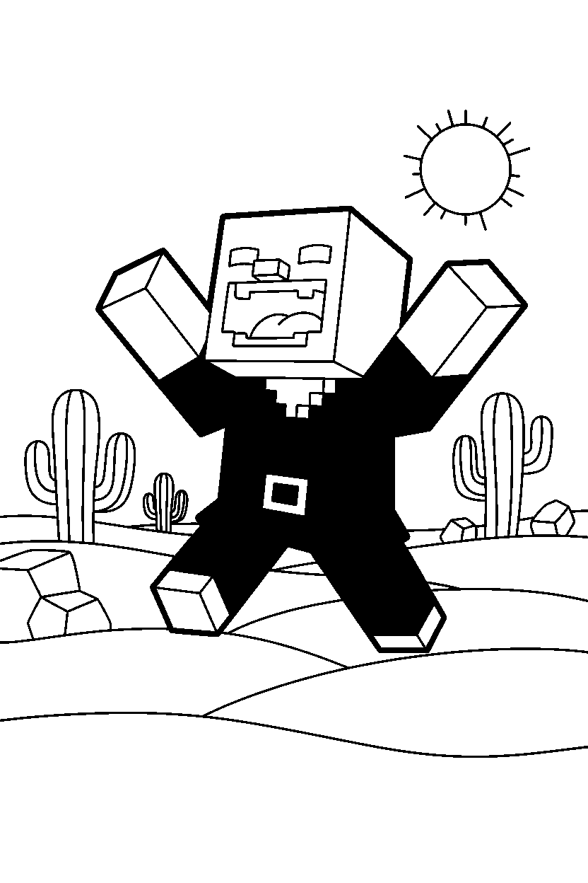 minecraft vindicator roaring playfully in a desert line art