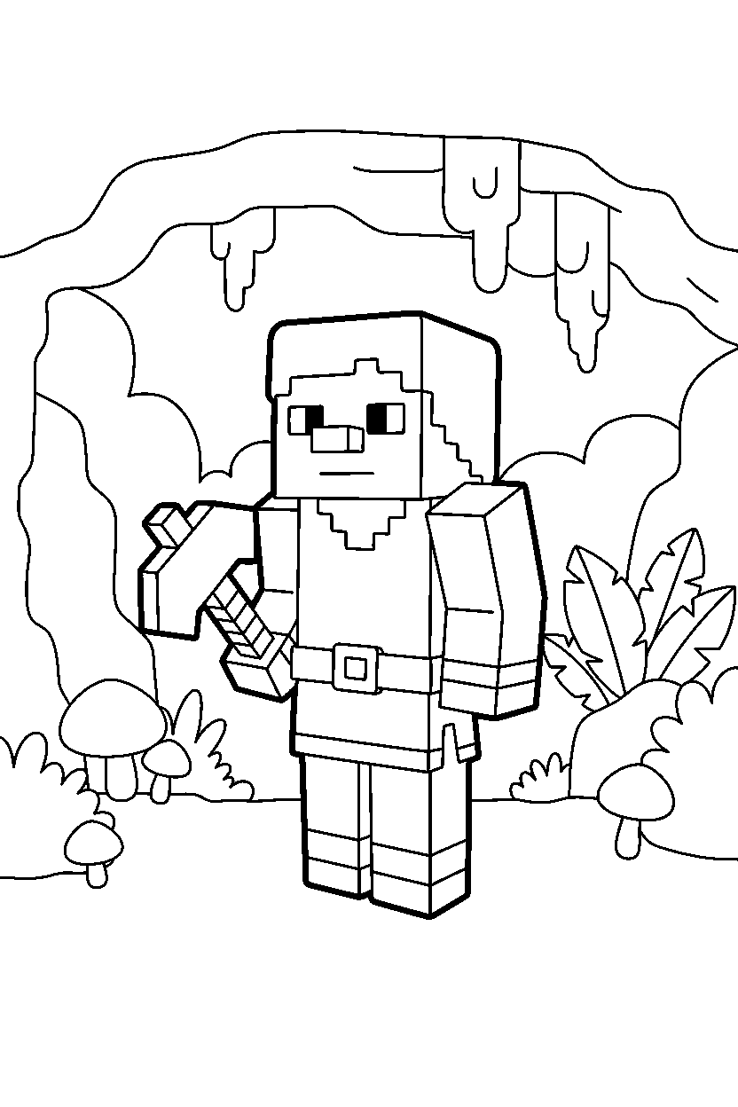 minecraft vindicator standing calmly in a lush cave line art