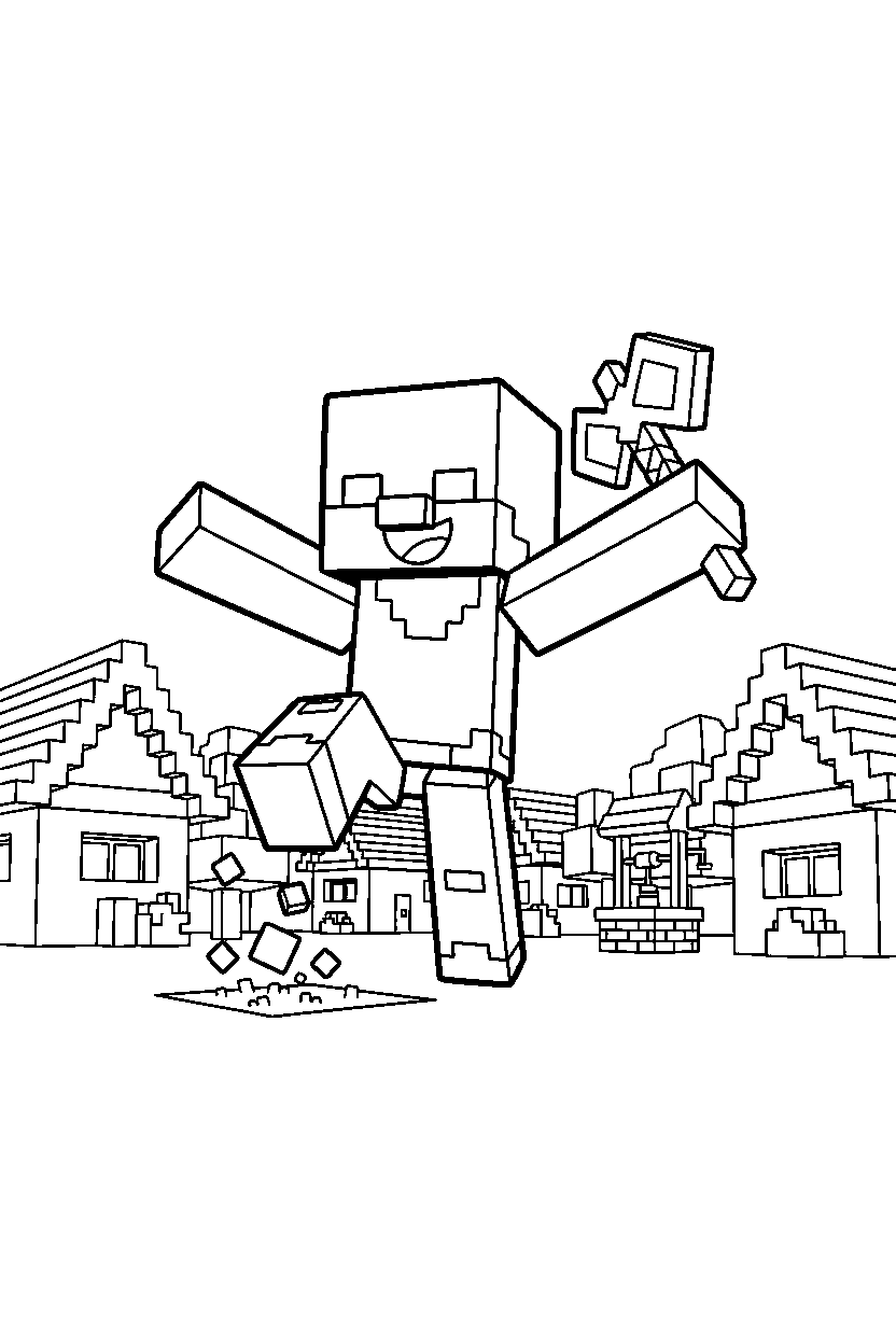 minecraft vindicator stomping playfully in a village line art