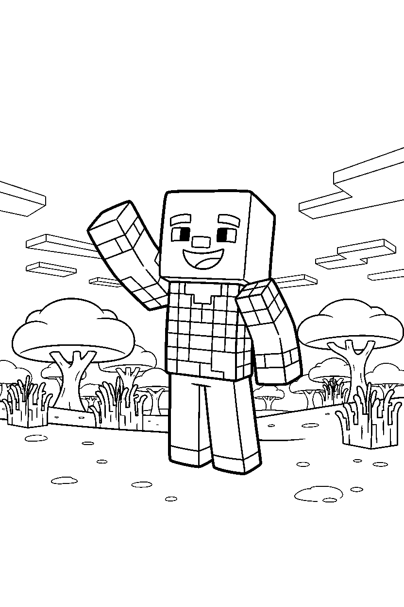 minecraft vindicator waving happily in a savanna line art