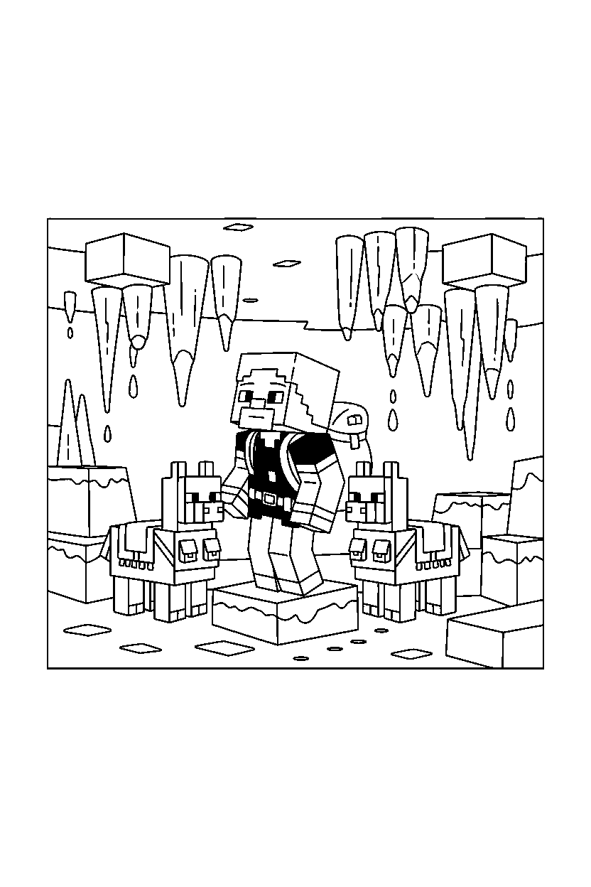 minecraft wandering trader looking around curiously in a dripstone cave line art