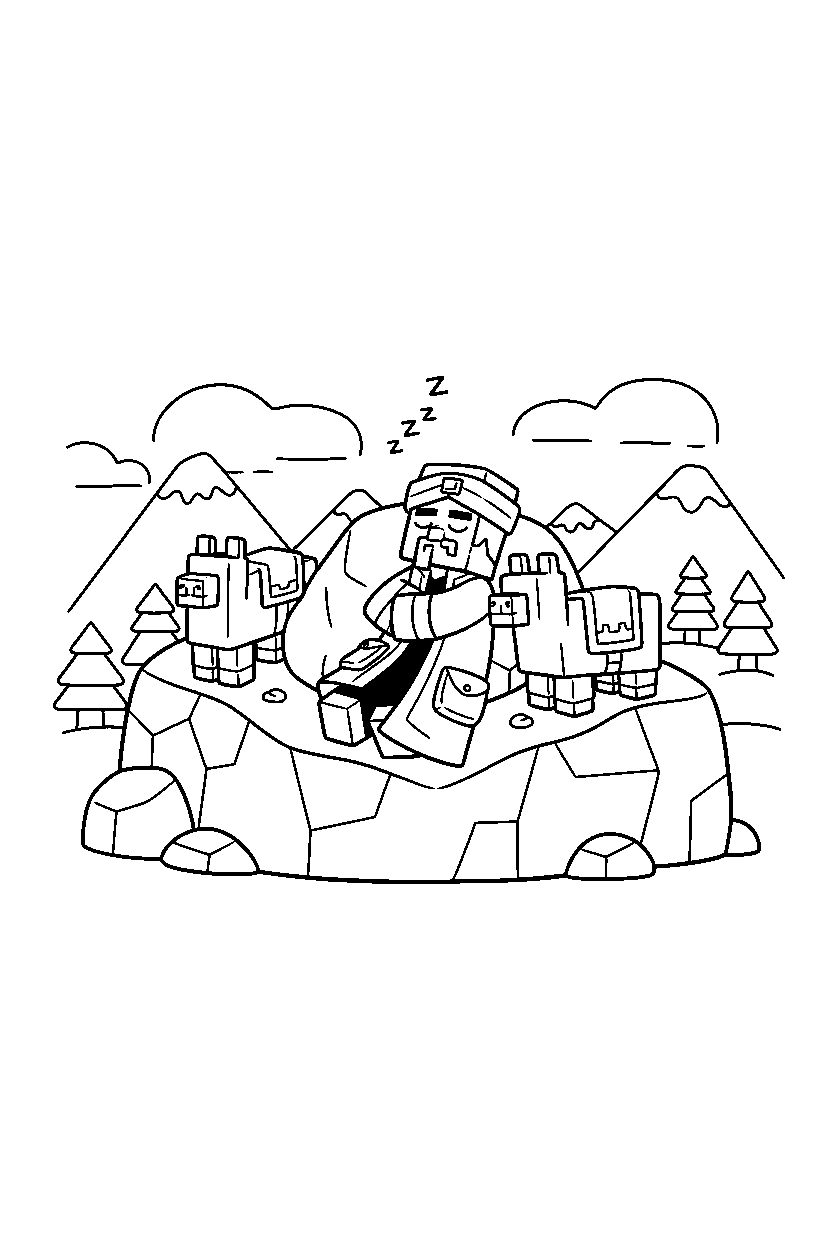 minecraft wandering trader sleeping peacefully in mountains line art