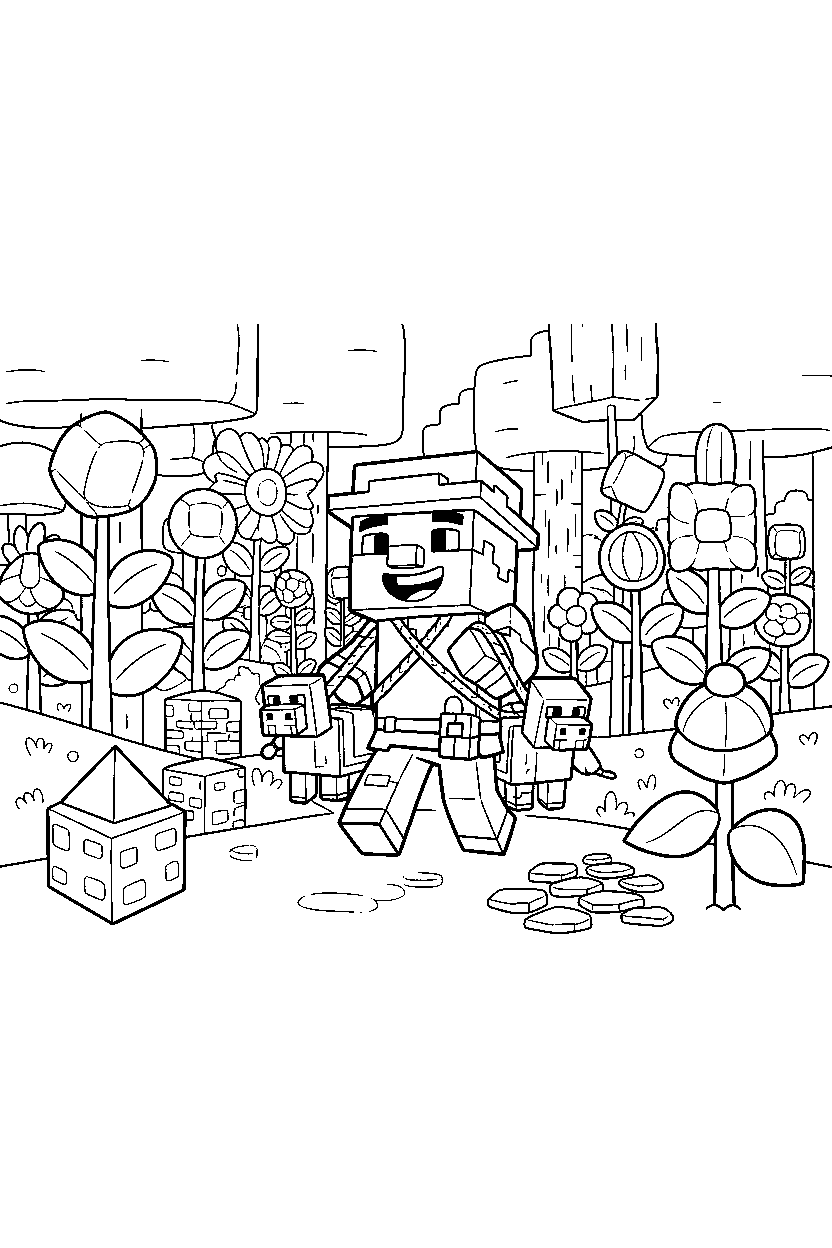 minecraft wandering trader walking happily in a flower forest line art