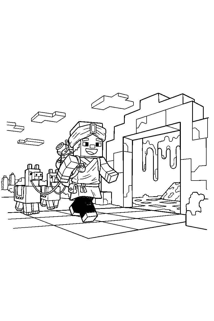 minecraft wandering trader walking happily near a lava cave line art