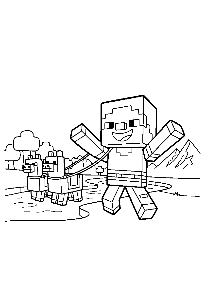 minecraft wandering trader walking happily near a river line art