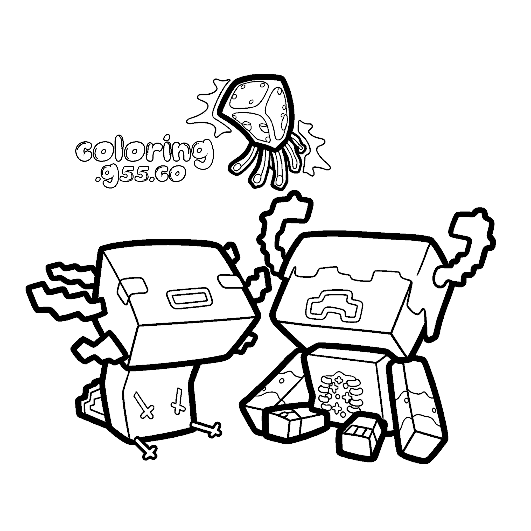minecraft warden and axolotl mob duo line art for kids