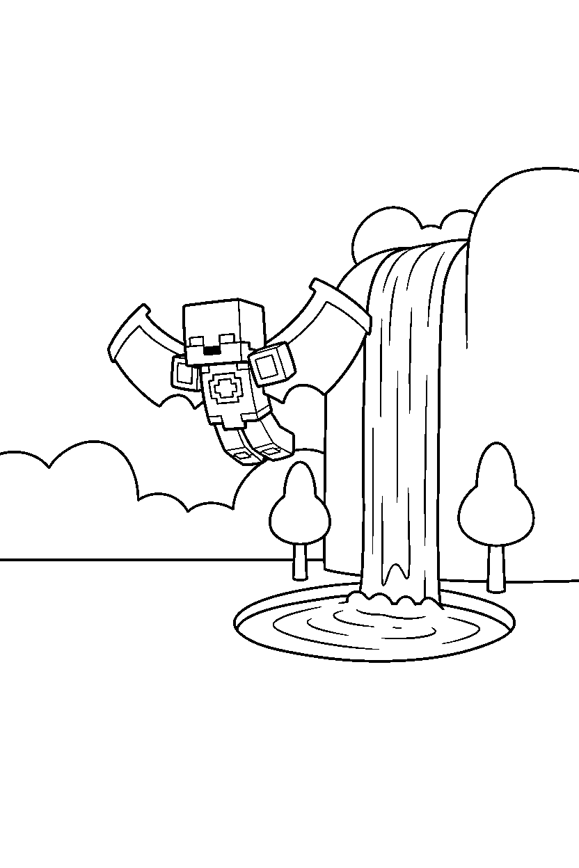 minecraft warden gliding calmly near a waterfall line art