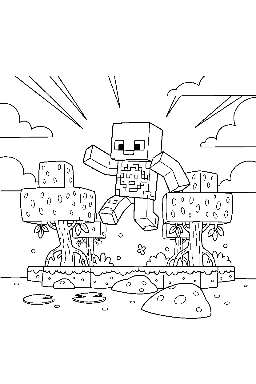 minecraft warden jumping playfully in a mangrove swamp line art