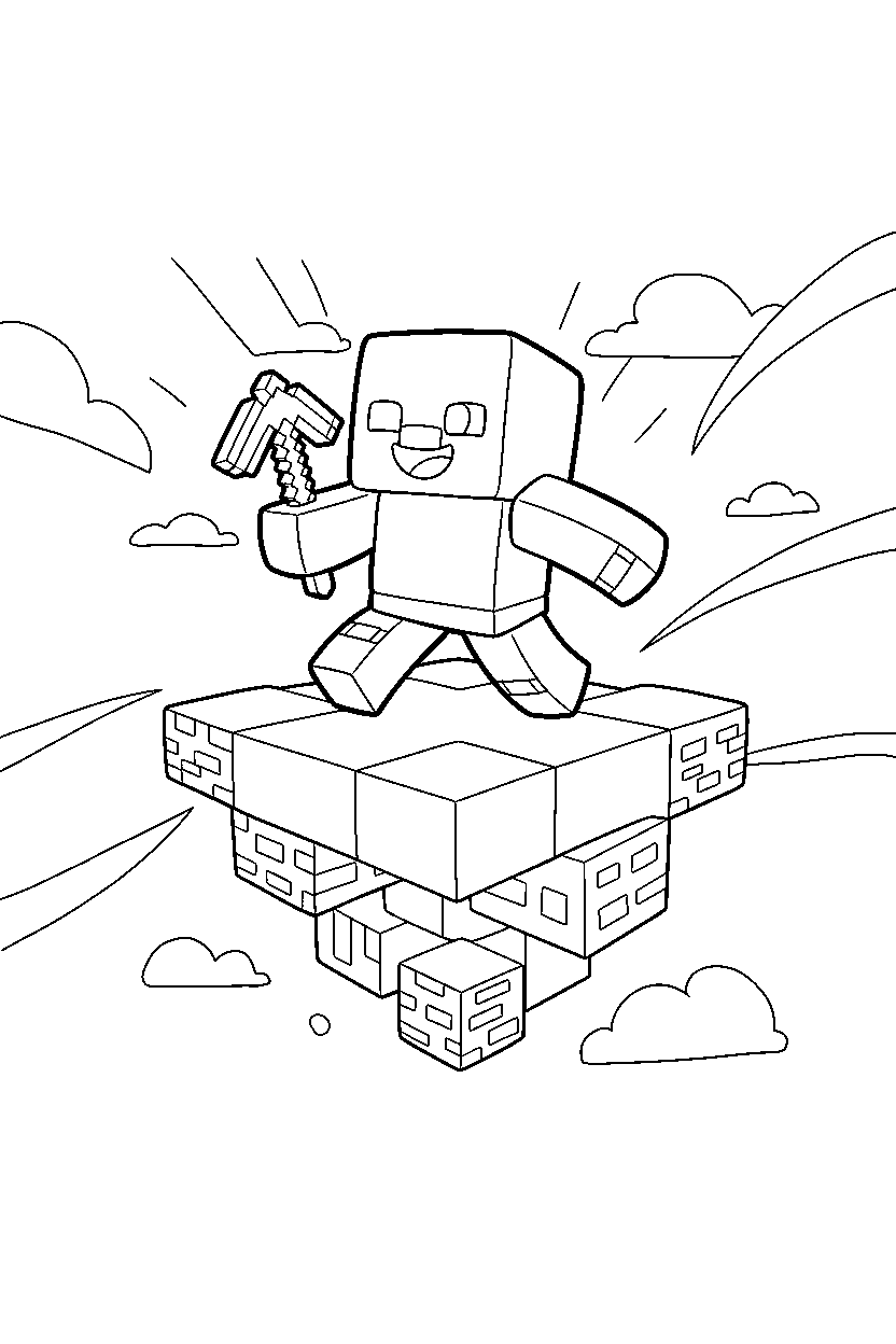 minecraft warden playing happily in a sky base line art