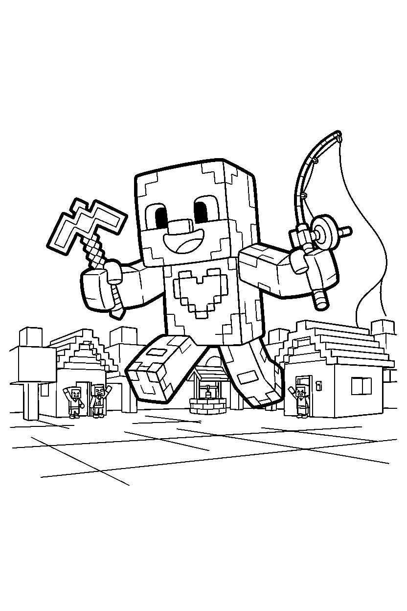minecraft warden playing happily in a village line art