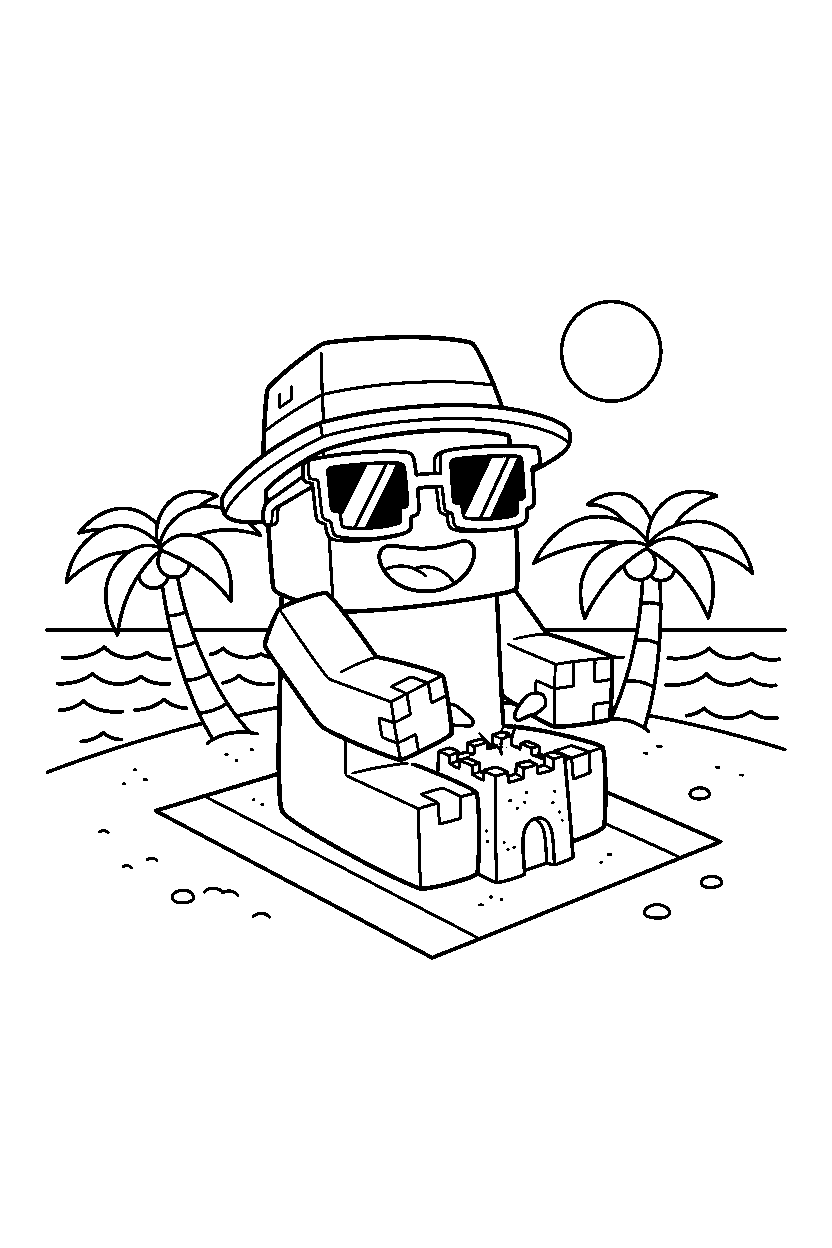 minecraft warden playing happily on a beach line art