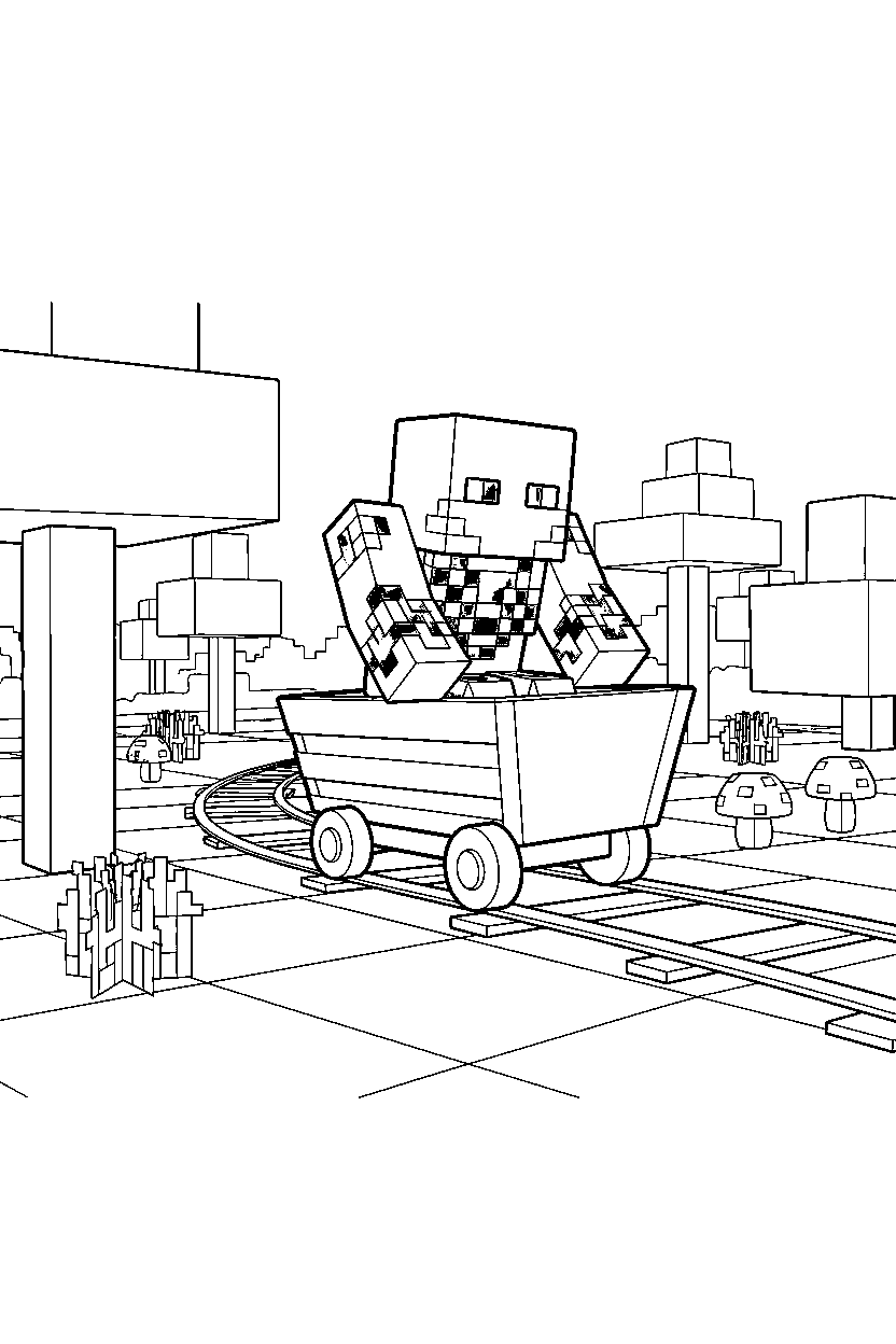 minecraft warden riding a minecart in a forest line art