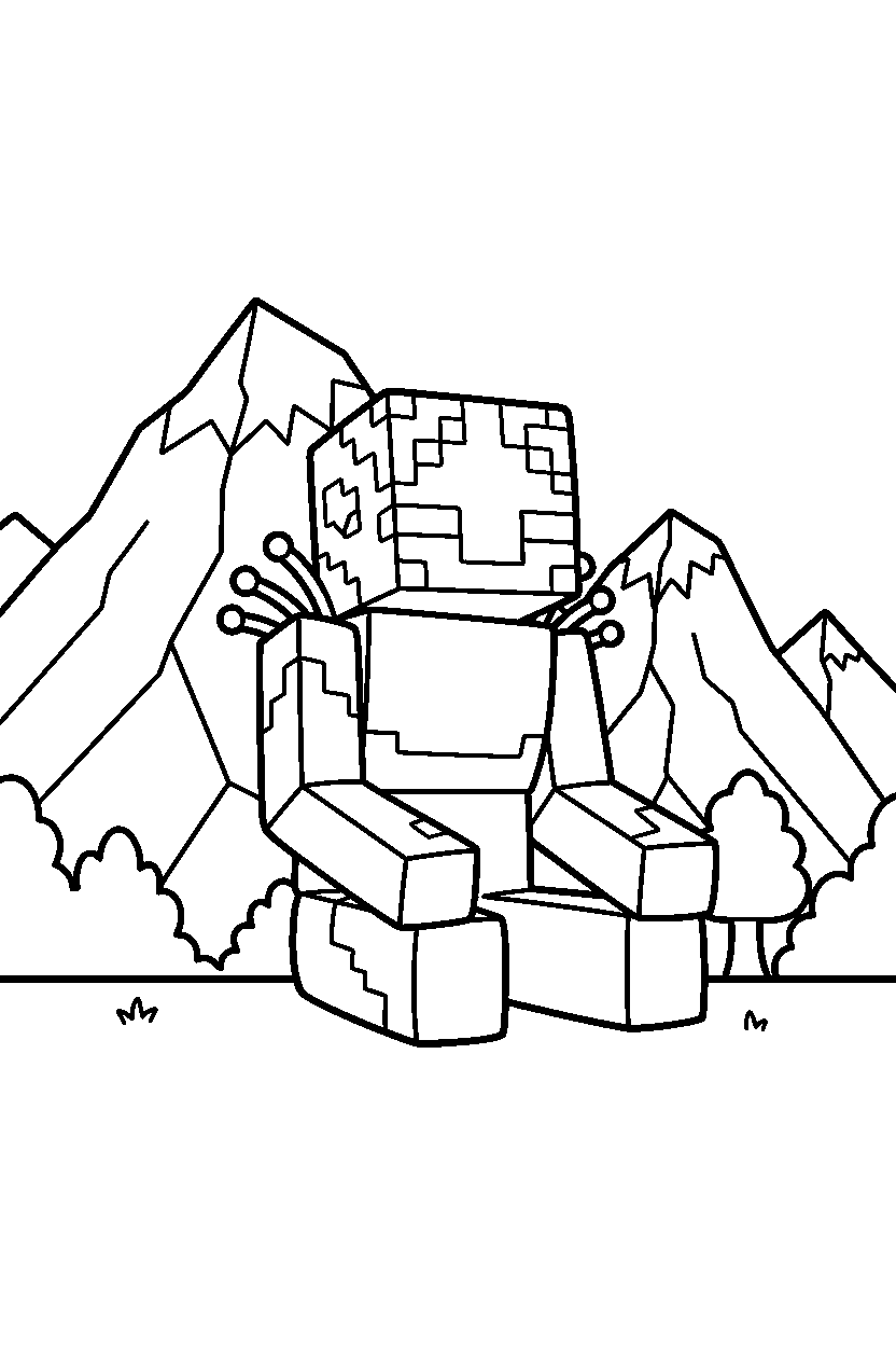 minecraft warden sitting calmly in mountains line art