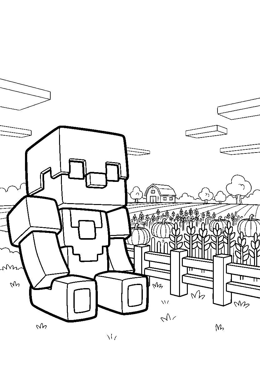 minecraft warden sitting calmly near a farm field line art