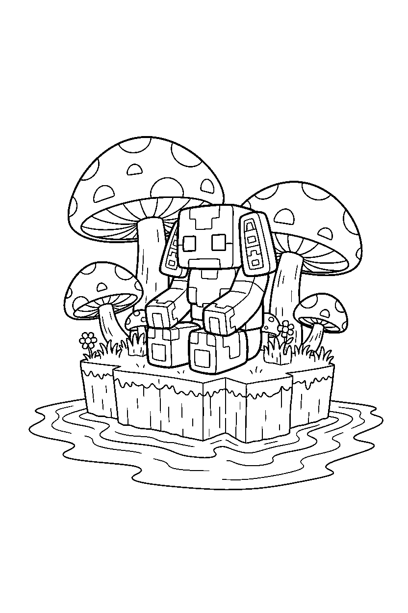 minecraft warden sitting calmly on a mushroom island line art