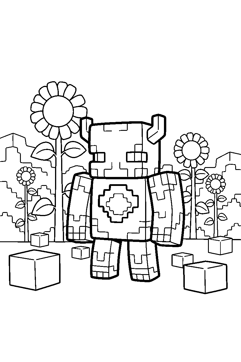 minecraft warden standing calmly in sunflower plains line art