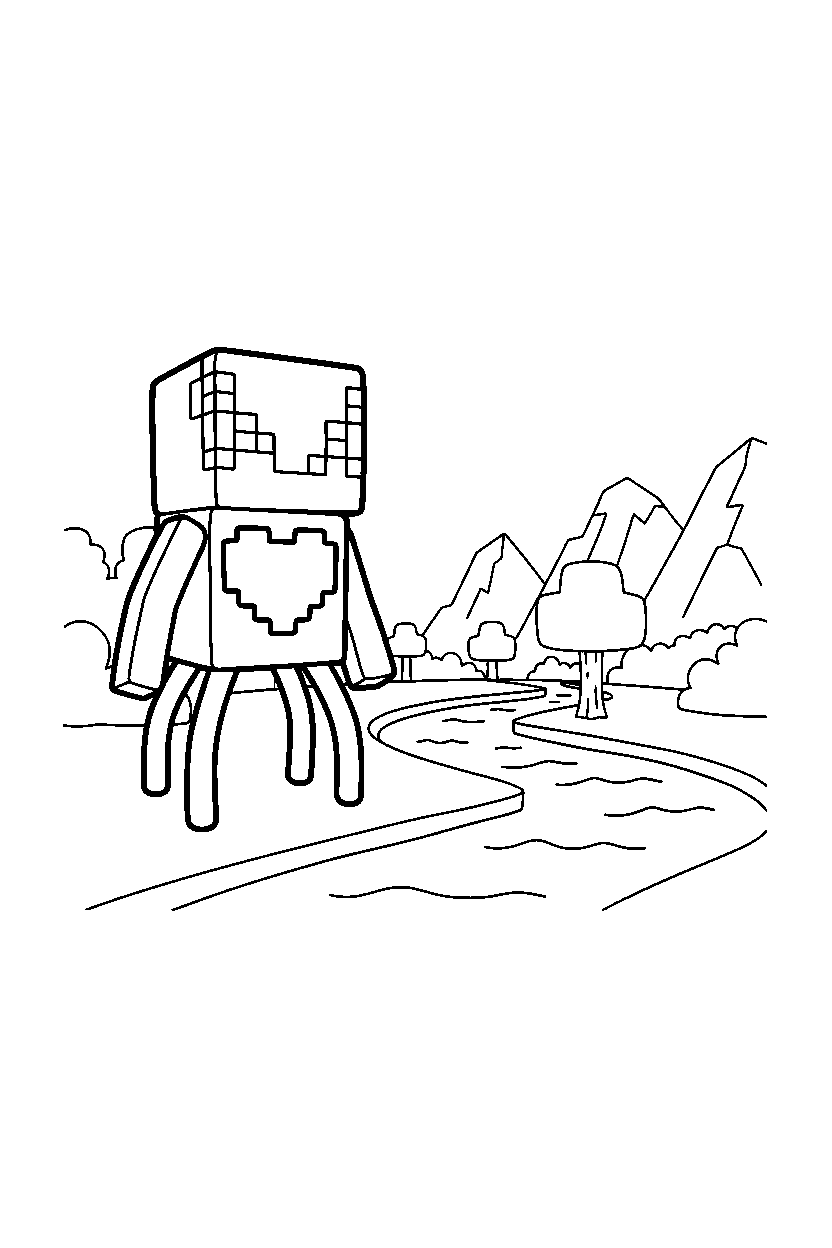 minecraft warden standing calmly near a river line art