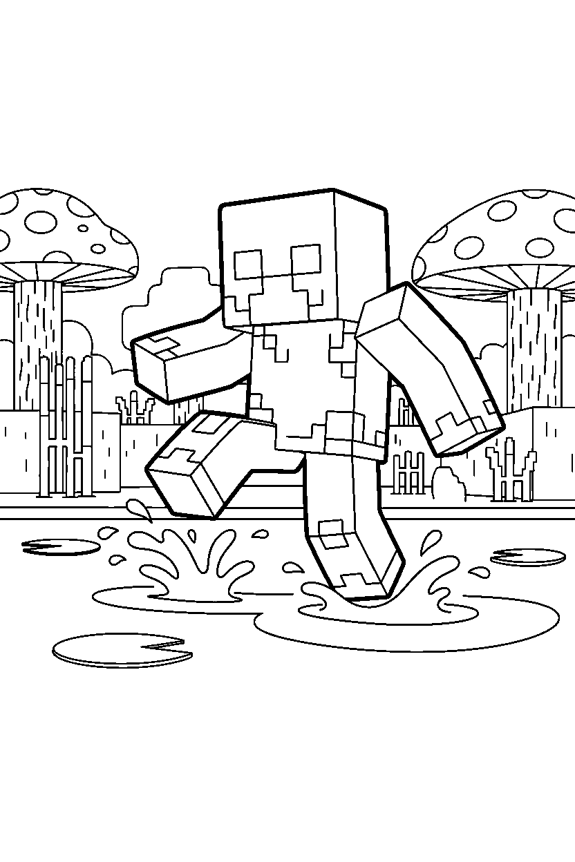 minecraft warden stomping playfully in a swamp line art