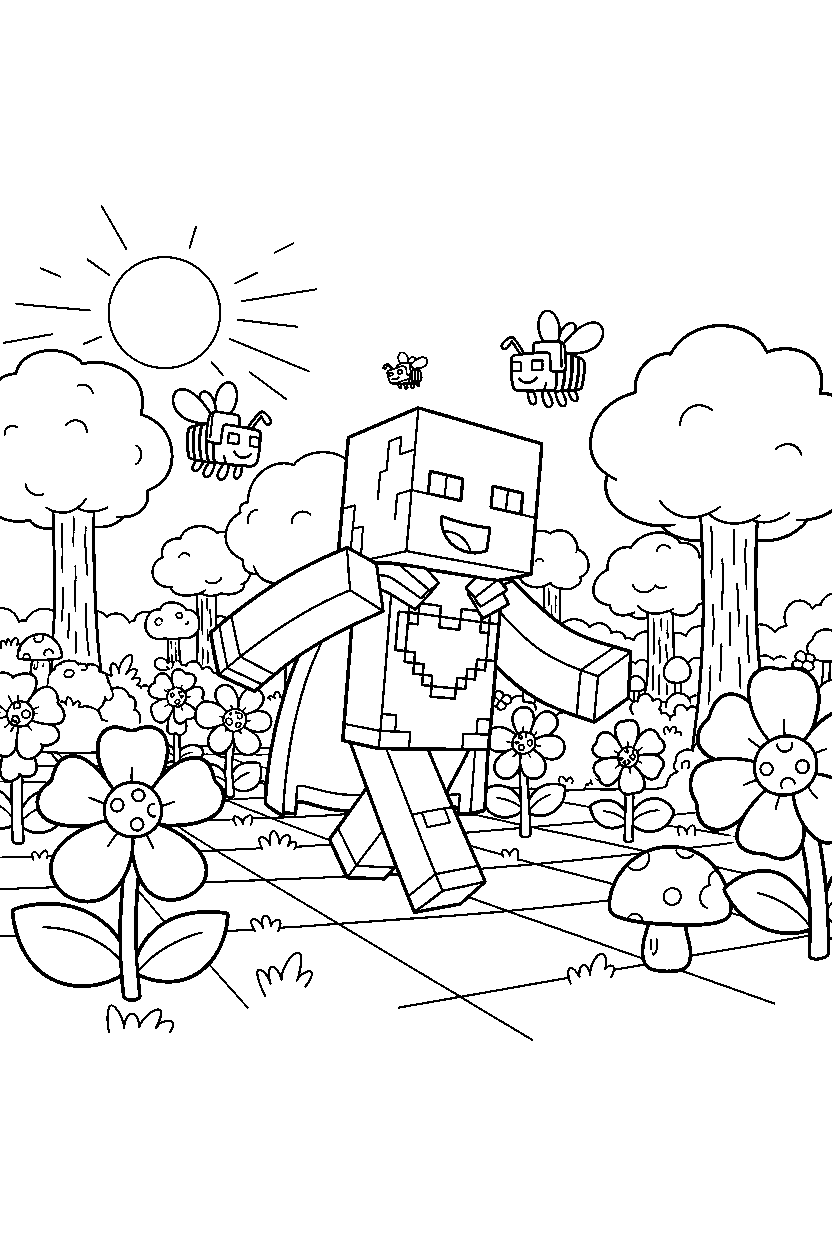 minecraft warden walking happily in a flower forest line art
