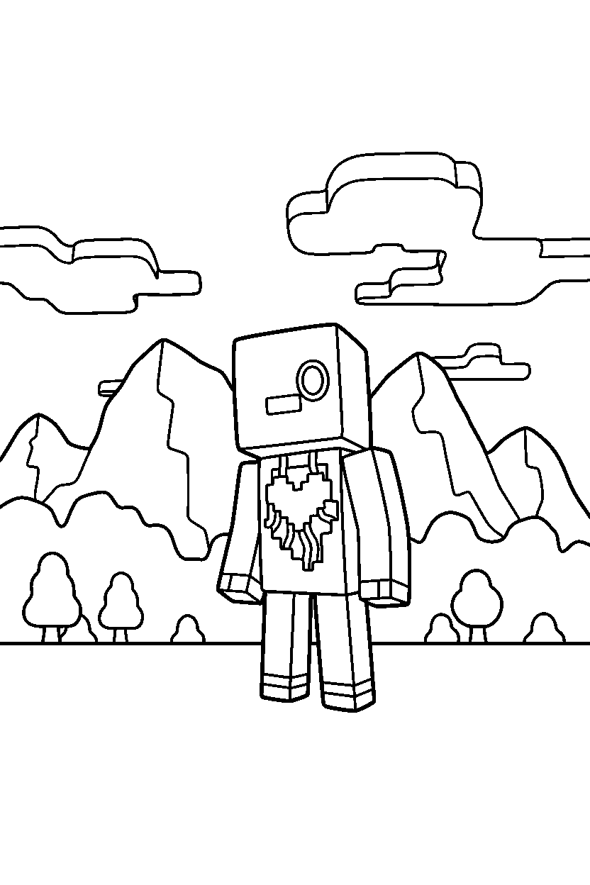 minecraft warden watching calmly in mountains line art