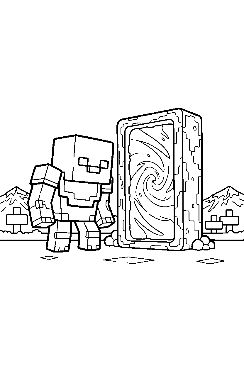 minecraft warden watching calmly near a nether portal line art