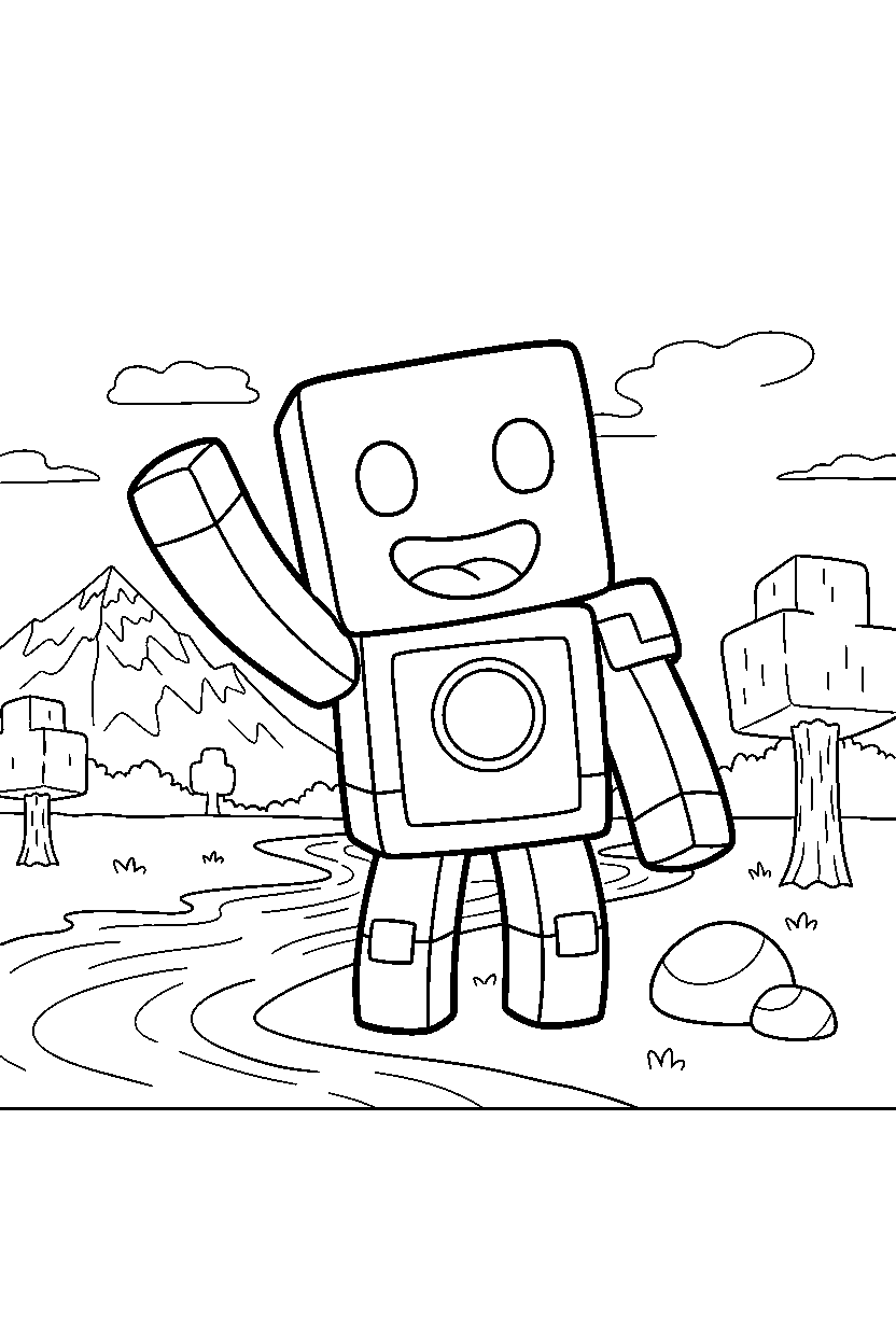 minecraft warden waving happily near a river line art