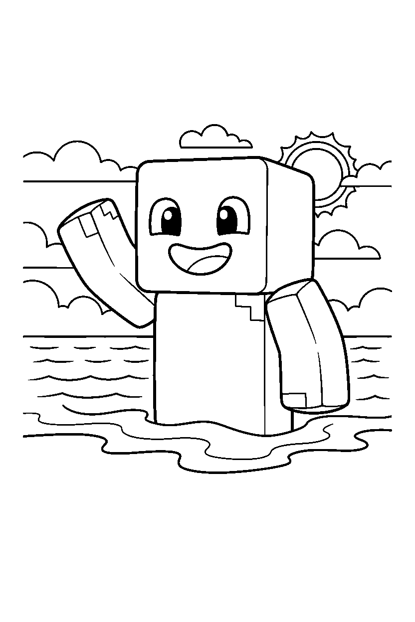 minecraft warden waving happily on an ocean shore line art