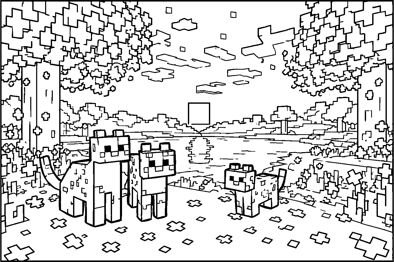 minecraft wild ocelots family at sunset line art