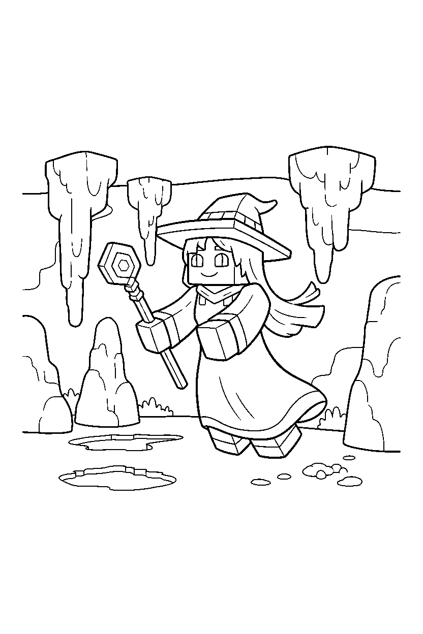 minecraft witch gliding calmly in a dripstone cave line art