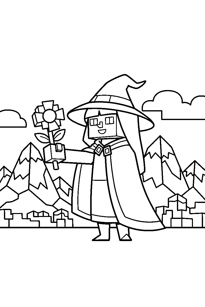 minecraft witch holding a flower in mountains line art