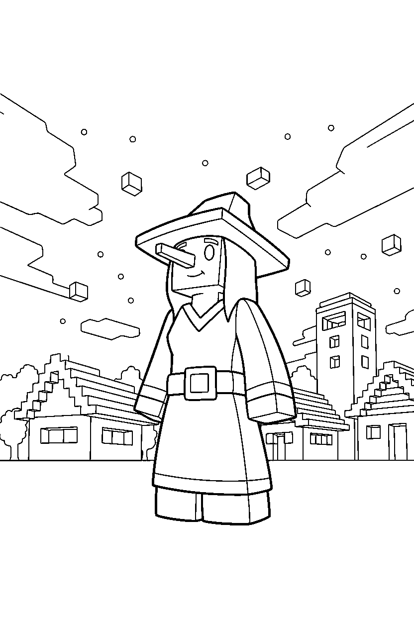 minecraft witch looking at the sky in a village line art
