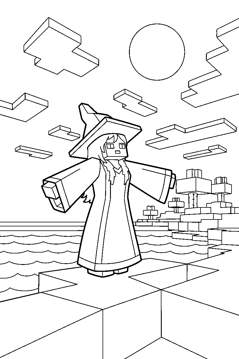 minecraft witch looking at the sky on an ocean shore line art