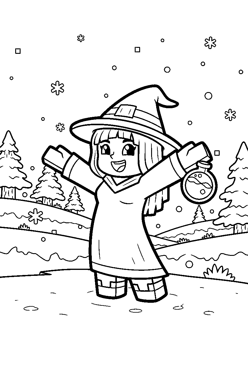 minecraft witch posing happily in snowy tundra line art