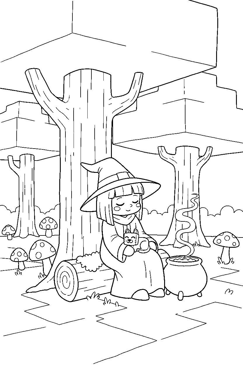 minecraft witch resting calmly in a dark forest line art