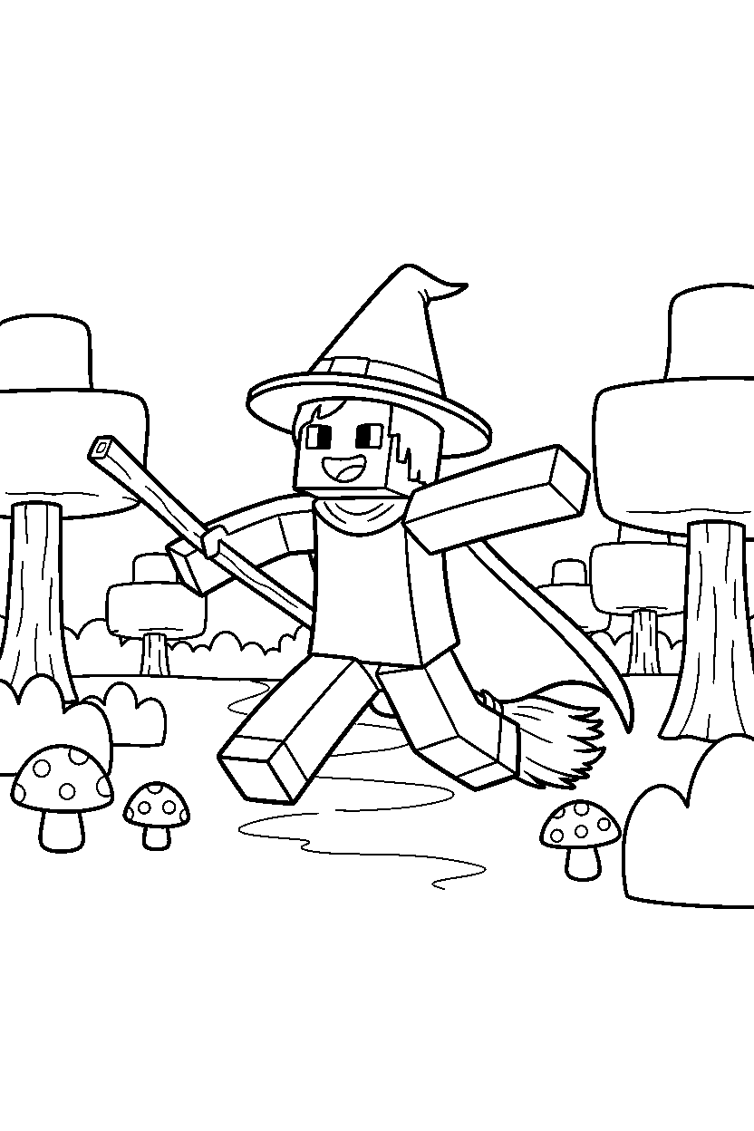 minecraft witch running happily in a forest line art