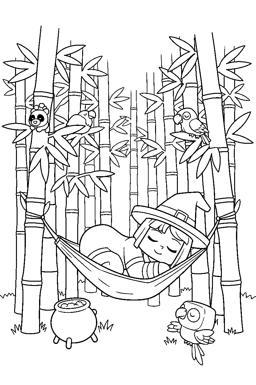 minecraft witch sleeping peacefully in a bamboo jungle line art