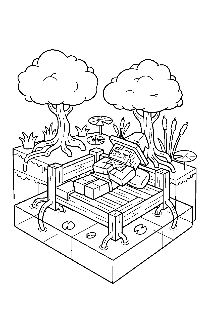 minecraft witch sleeping peacefully in a mangrove swamp line art