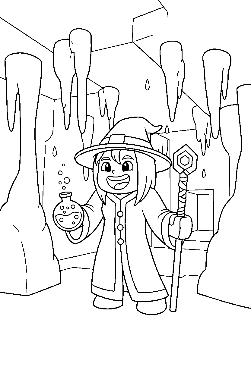minecraft witch smiling happily in a dripstone cave line art