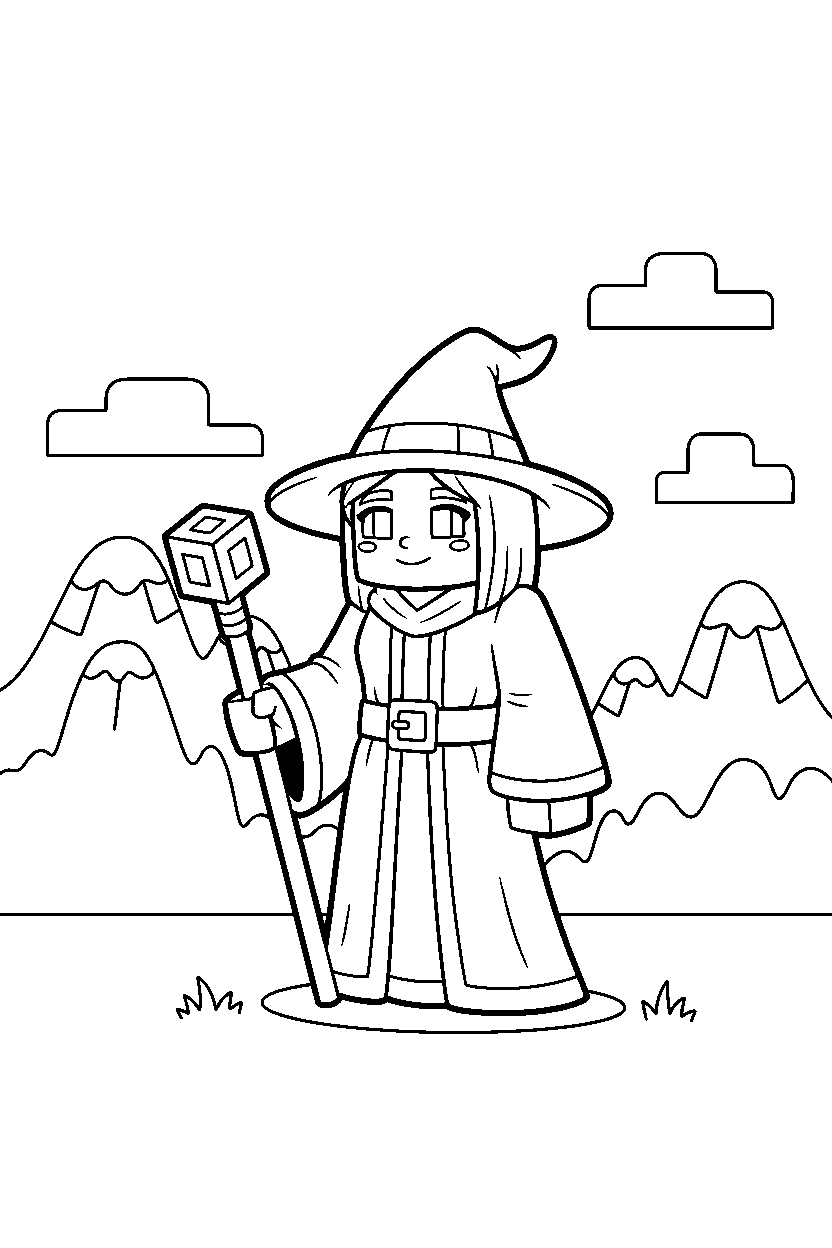 minecraft witch standing calmly in mountains line art
