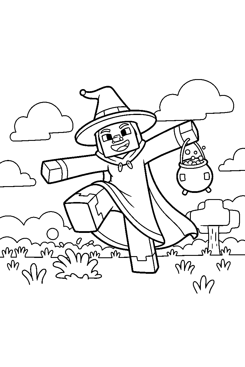 minecraft witch stomping playfully in a meadow line art