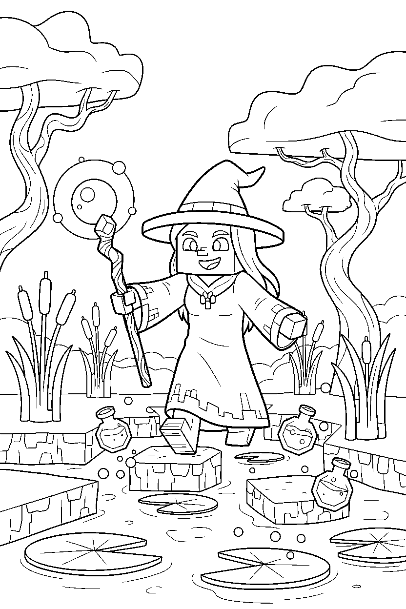 minecraft witch walking happily in a swamp line art