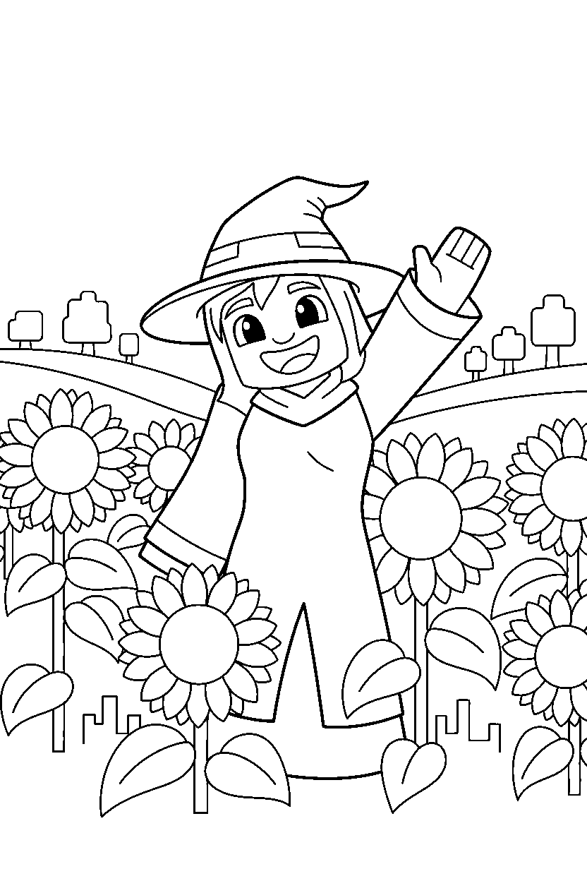 minecraft witch waving happily in sunflower plains line art