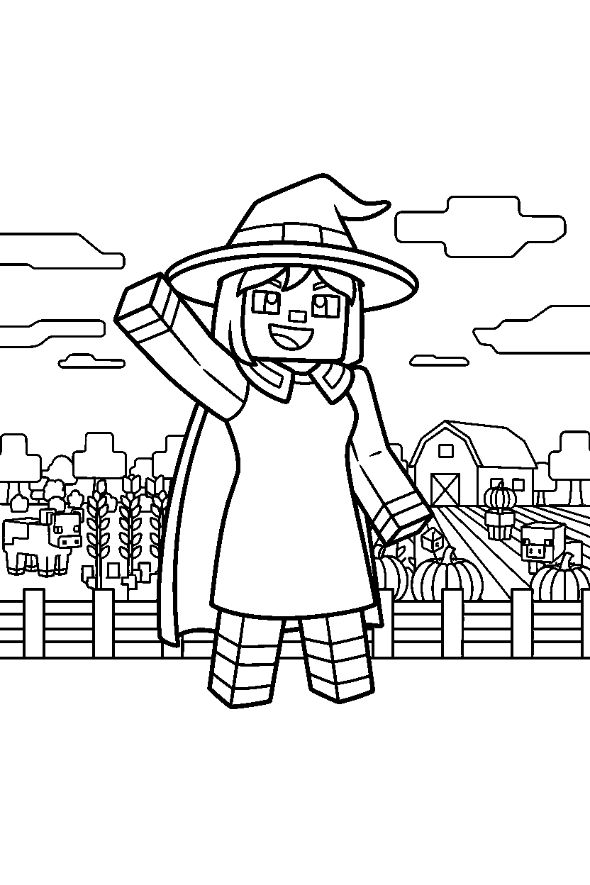 minecraft witch waving happily near a farm field line art