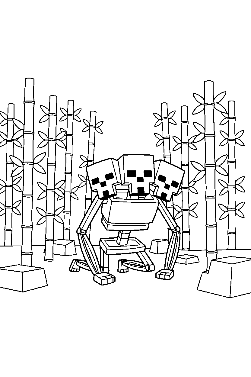 minecraft wither skeleton crawling calmly in a bamboo jungle line art