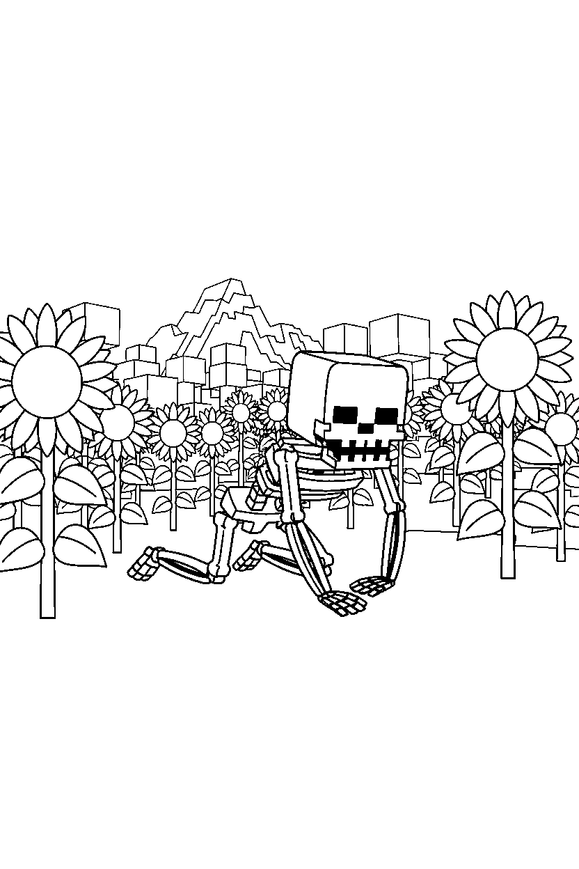 minecraft wither skeleton crawling calmly in sunflower plains line art